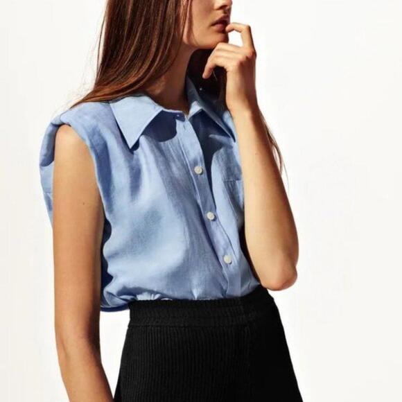 Zara Tops - COPY - Zara Flowy  Shoulder Pad Shirt - Sky Blue - XS